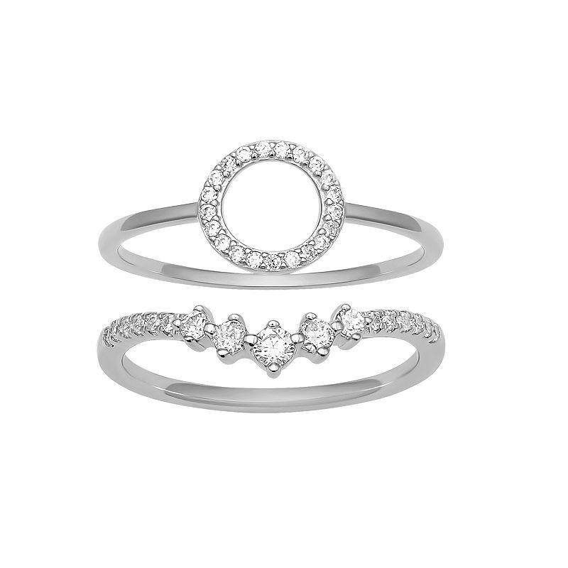 PRIMROSE Sterling Silver Cubic Zirconia Circle & V-Shape Ring Duo Set, Womens Product Image