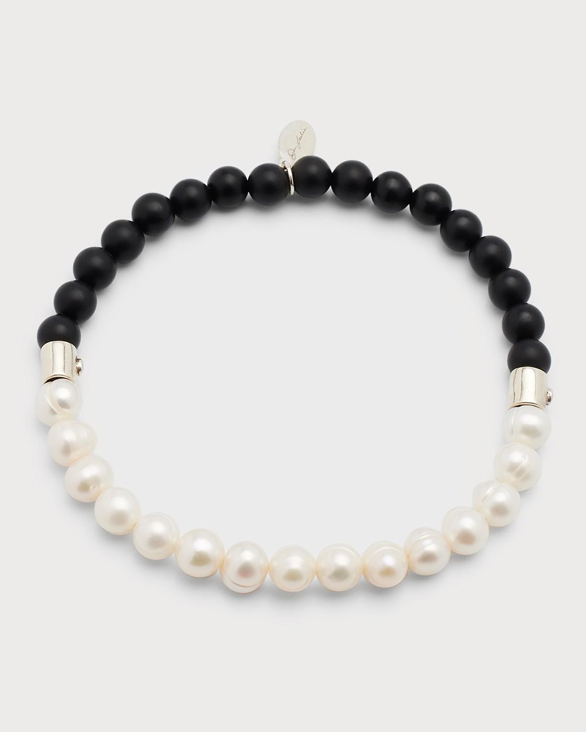 Mens Split Freshwater Pearl & Black Onyx Beaded Bracelet Product Image