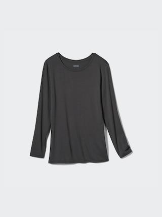 Womens Heattech Crew Neck T-Shirt Long Sleeve Dark Gray 2XS UNIQLO US Product Image