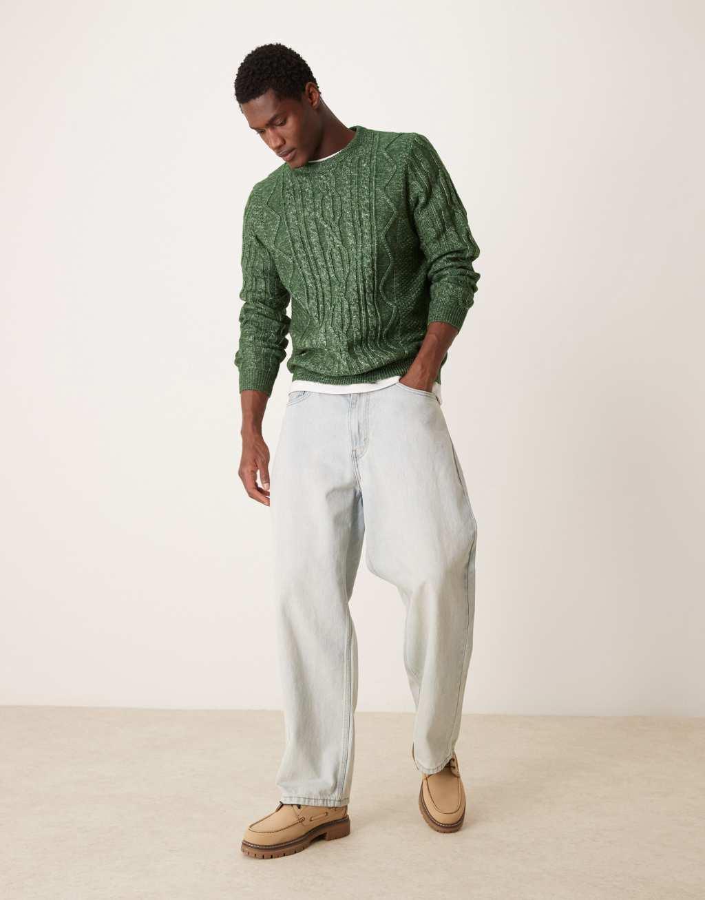 ASOS DESIGN heavyweight cable knit crew neck sweater in dark green Product Image