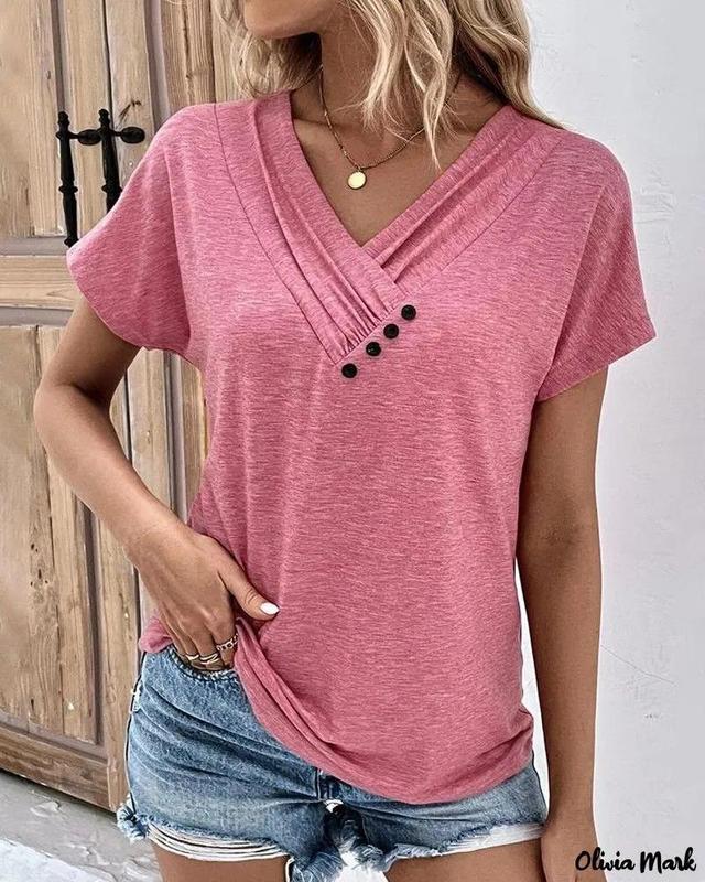 Olivia Mark – V-Neck Button Accent Casual Tee Product Image