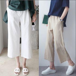 Elastic Waist Plain Linen Crop Wide Leg Pants Product Image