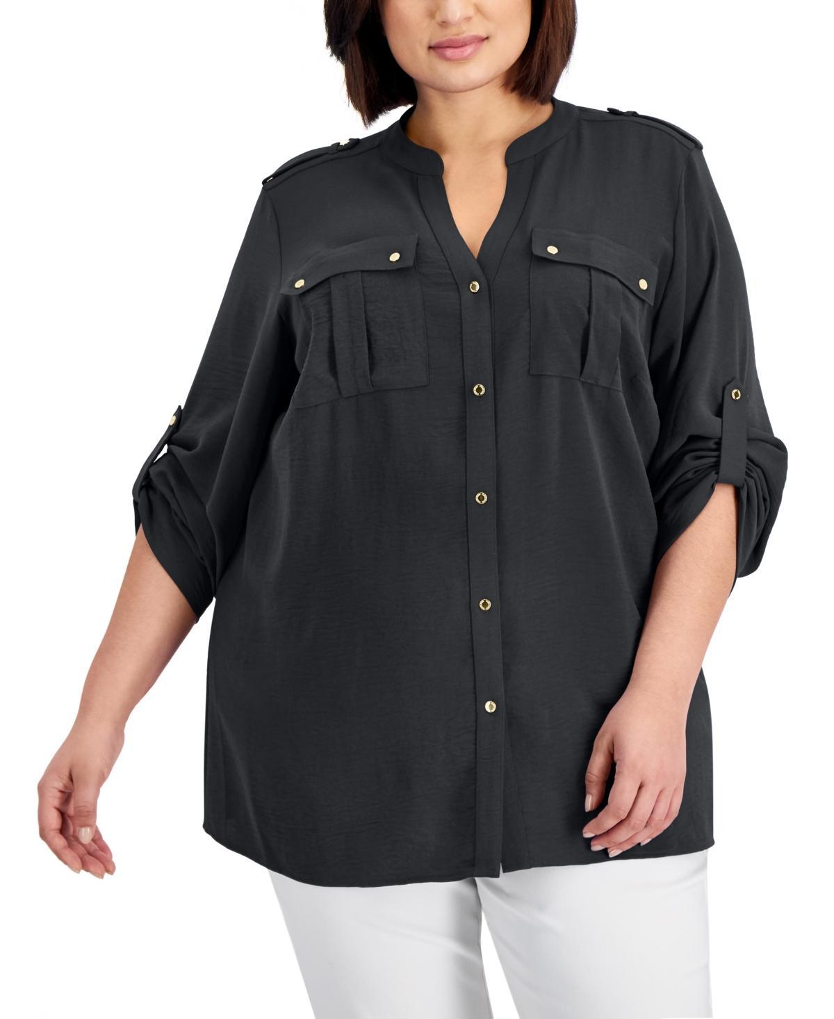 Plus Size Textured Roll Tab Button Down Shirt Product Image