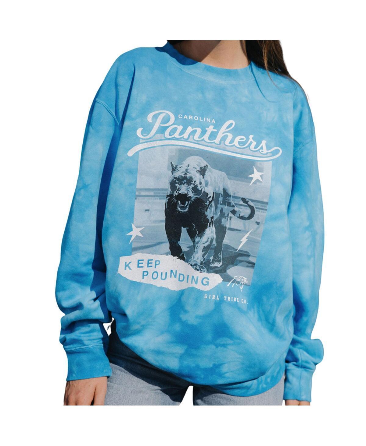 Womens Girl Tribe Co. Blue Carolina Panthers Keep Pounding Tie-Dye Pullover Sweatshirt Product Image