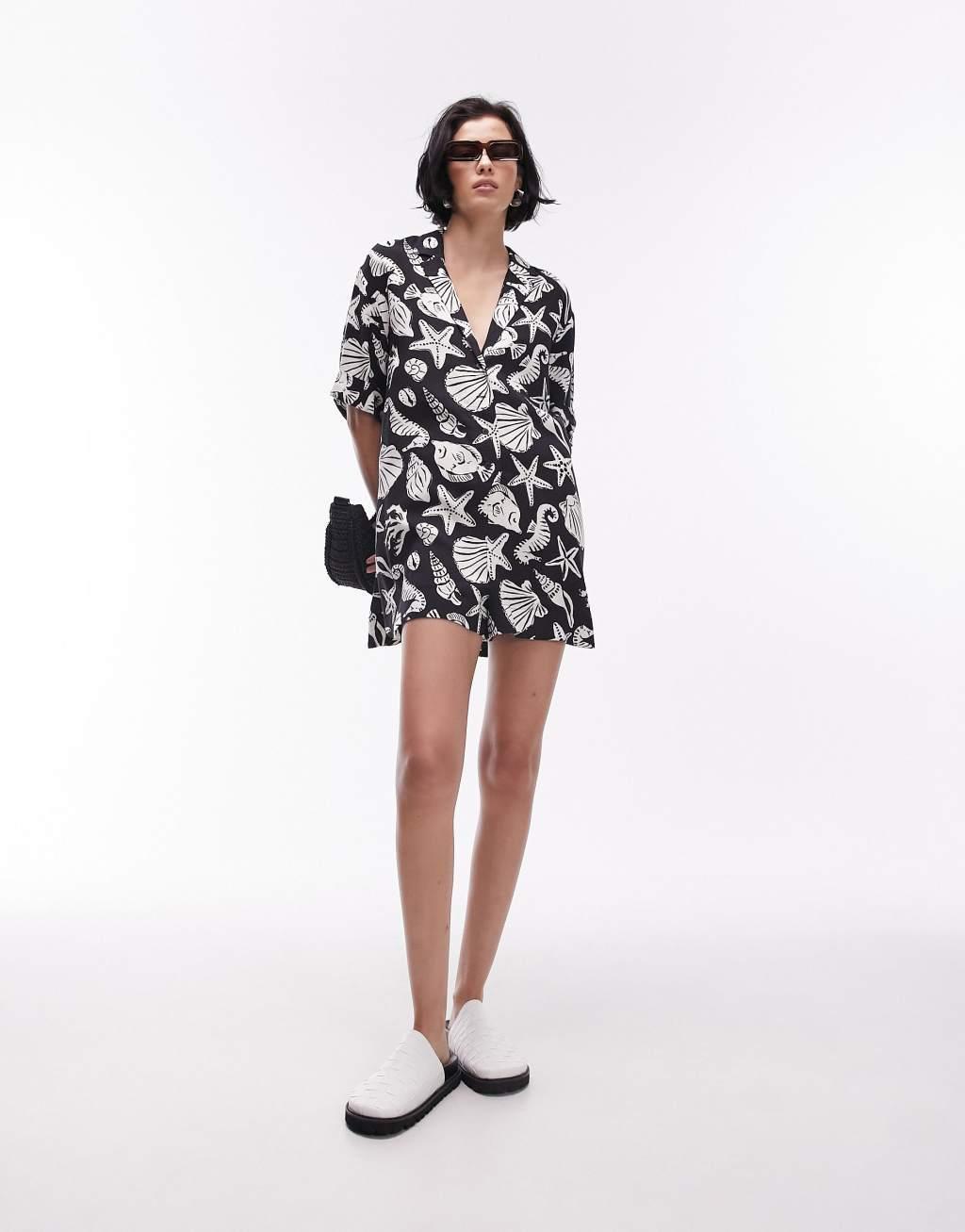 Topshop button down romper in mono shell print Product Image