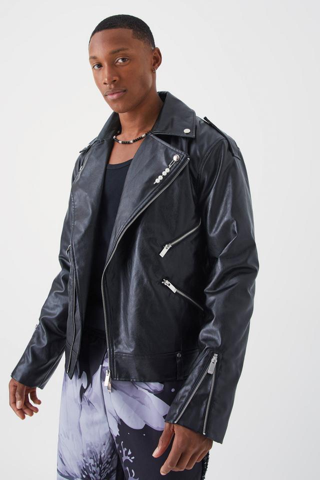 Pu Biker Jacket With Flower Print | boohooMAN USA Product Image