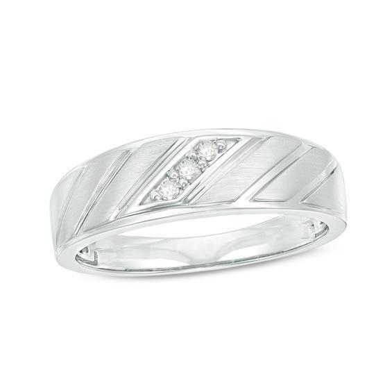 Men's 1/20 CT. T.w. Diamond Three Stone Slant Groove Wedding Band in 10K White Gold Product Image