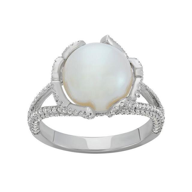 Freshwater Cultured Pearl and Cubic Zirconia Sterling Silver Flower Ring, Womens White Product Image