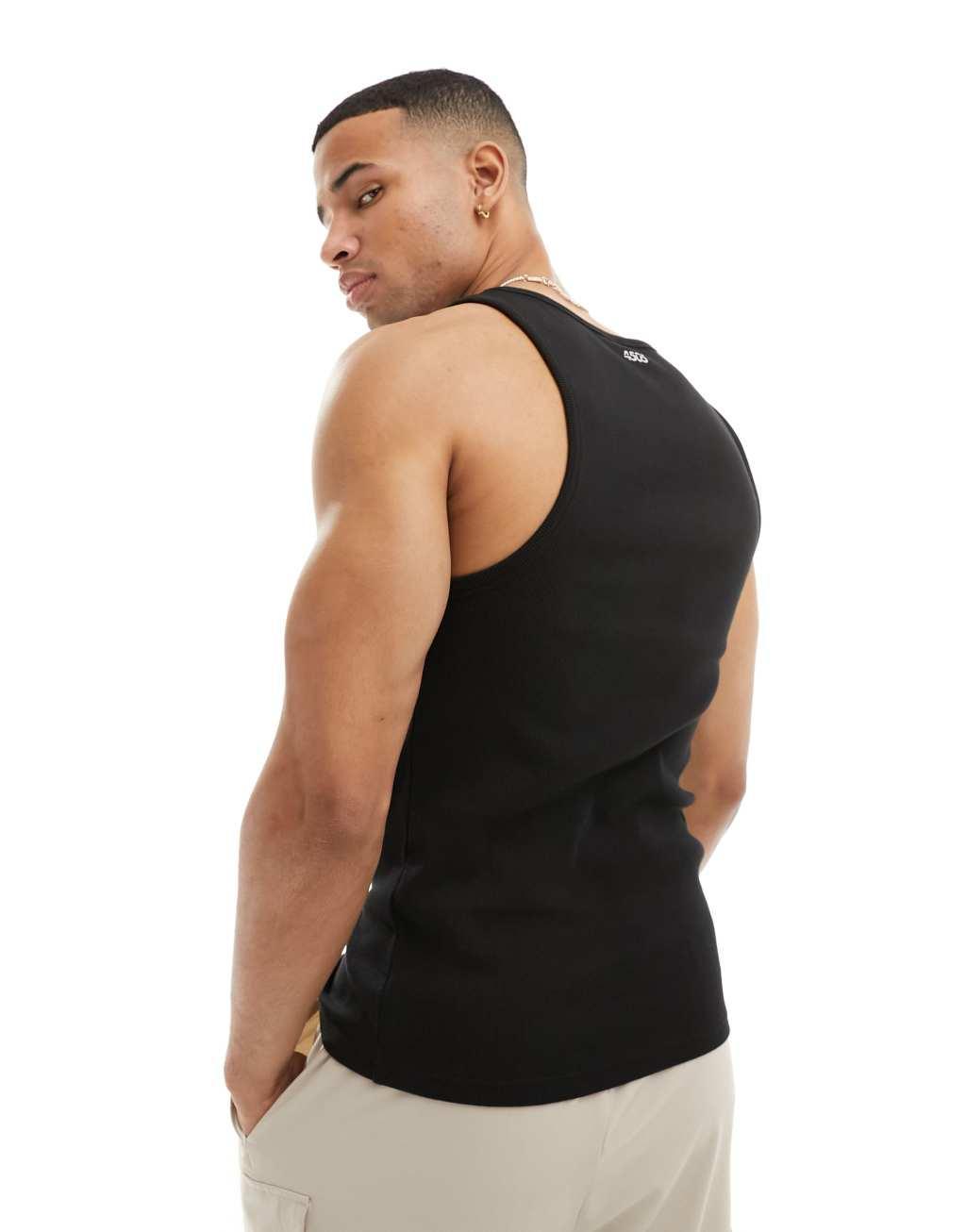 ASOS 4505 Icon ribbed cotton training racer tank top in black Product Image