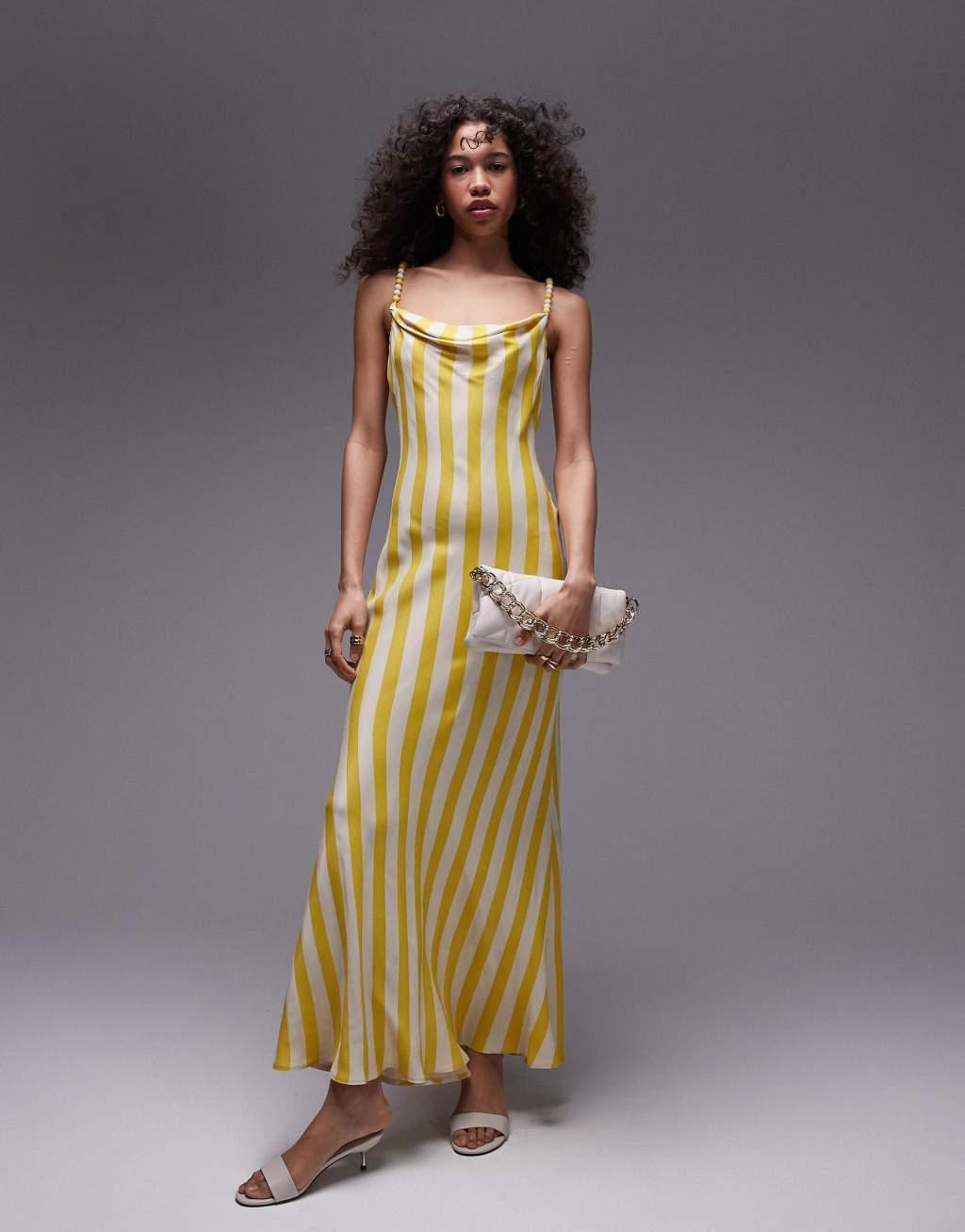 Topshop premium cami slip midi dress with beaded straps in yellow stripe print Product Image