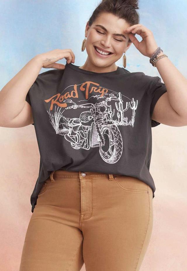 Maurices 4X Plus Size Womens Road Trip Rhinestone Motorcycle Oversized Fit Graphic Tee Gray Product Image