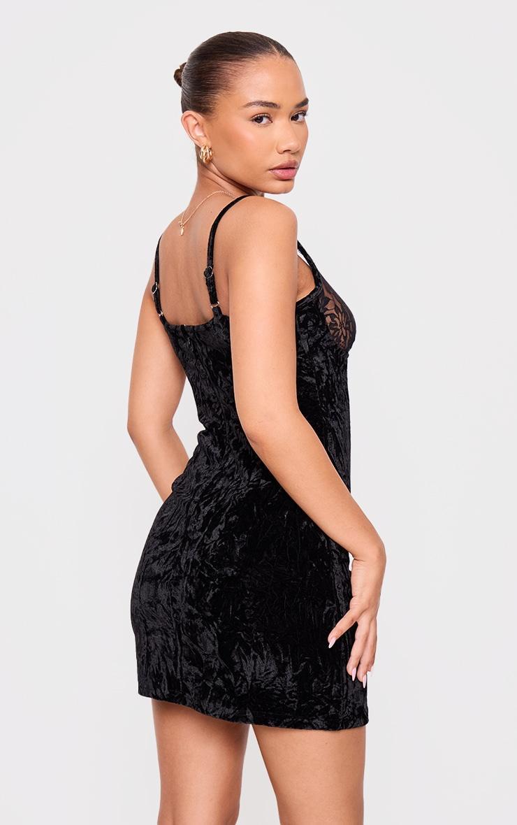 Petite Black Crushed Velvet Lace Detail Mini Dress Product Image