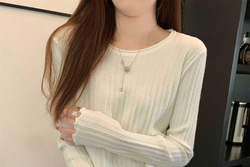 Long Sleeve Round Neck Plain Frill Knit Top Product Image