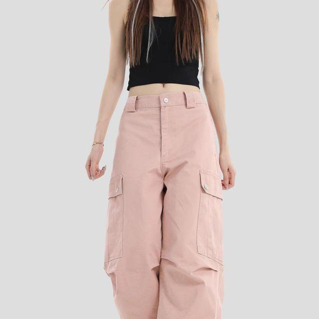 High Waist Plain Wide Leg Cargo Pants Product Image