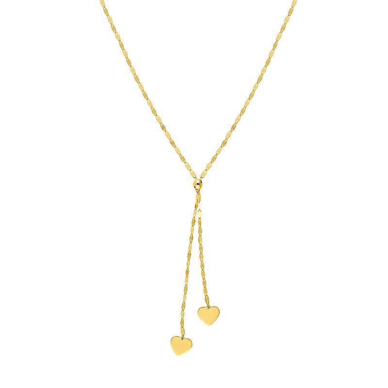 14k Gold Adjustable Double Heart Lariat Necklace, Womens Yellow Product Image