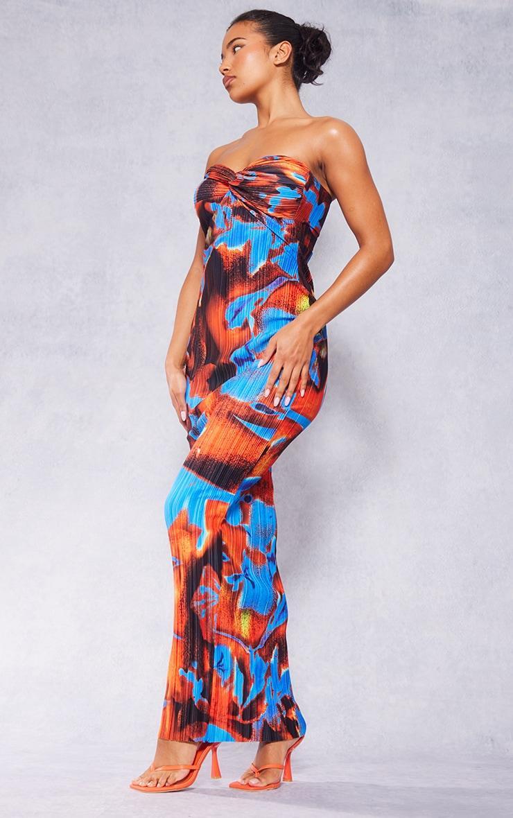 Blue Abstract Print Plisse Knot Bandeau Maxi Dress Product Image