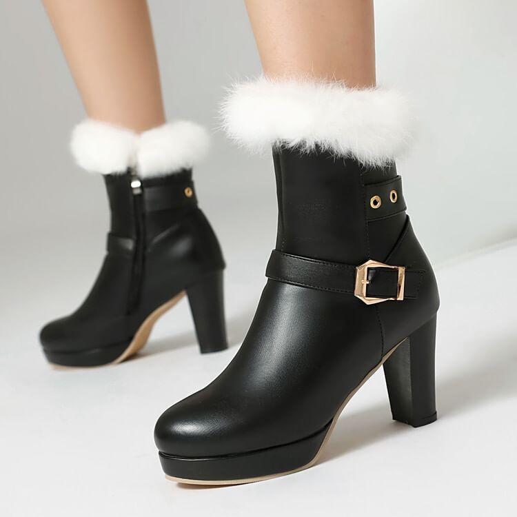 Chunky Heel Buckled Zip-Up Faux Leather Short Boots Product Image