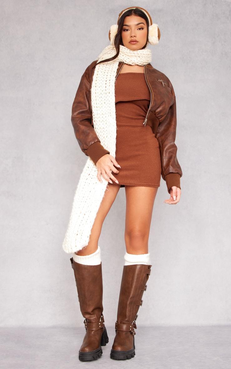 Chocolate Ribbed Long Sleeve One Shoulder Asymmetric Bardot Mini Dress Product Image