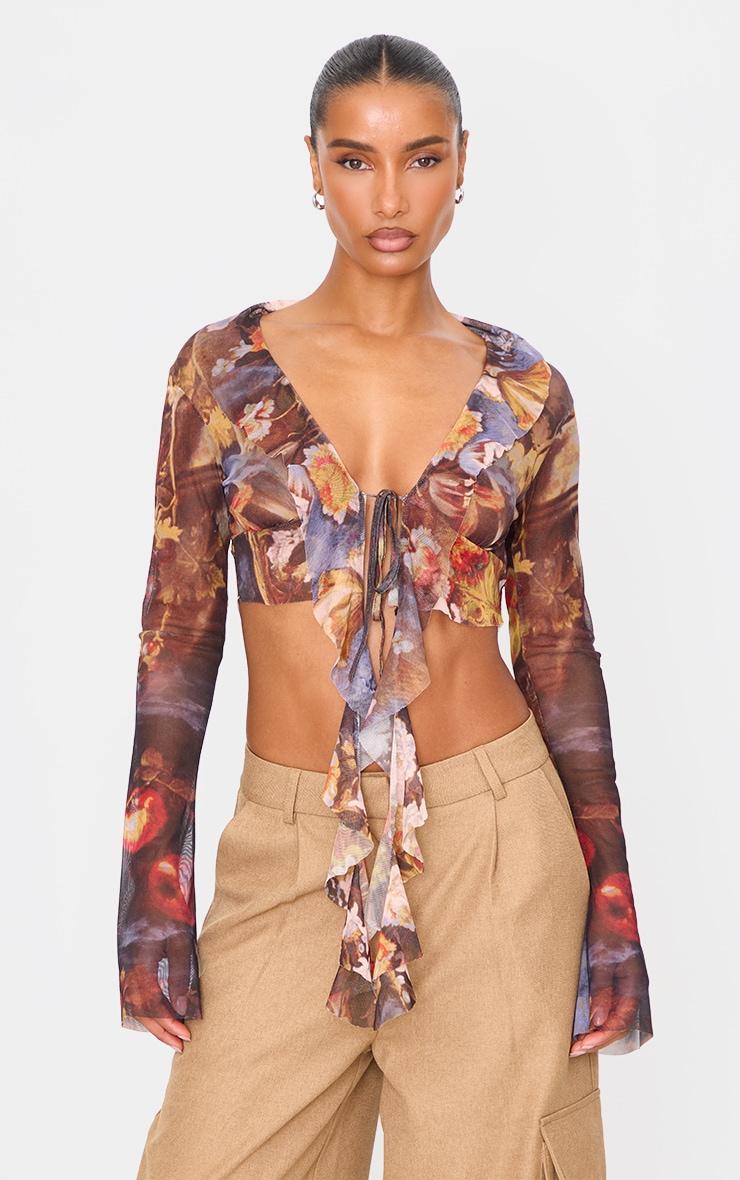 Multi Printed Mesh Ruffle Long Sleeve Drape Crop Top Product Image