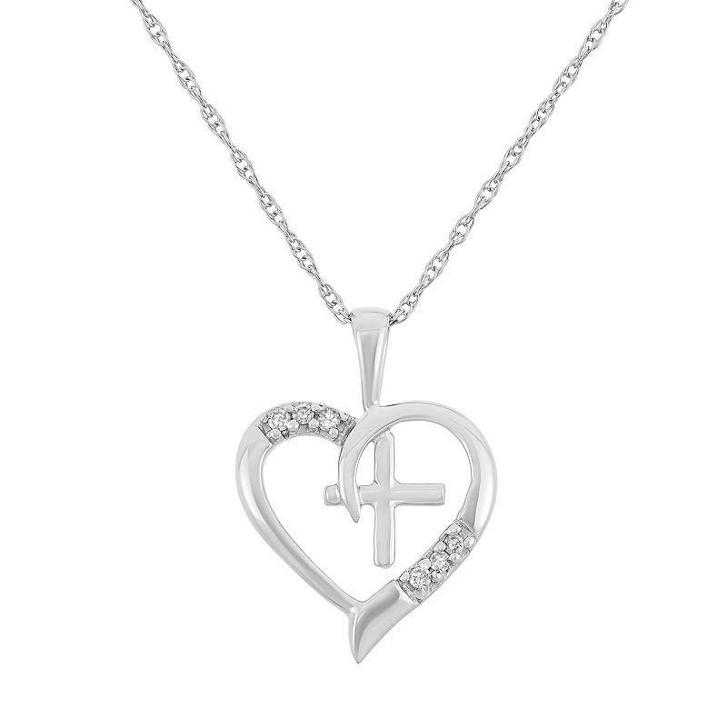 Diamond Accent 10k Gold Heart & Cross Pendant Necklace, Womens White Product Image