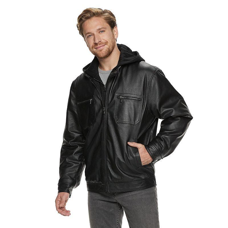 Mens Vintage Leather Hooded Jacket Black Product Image