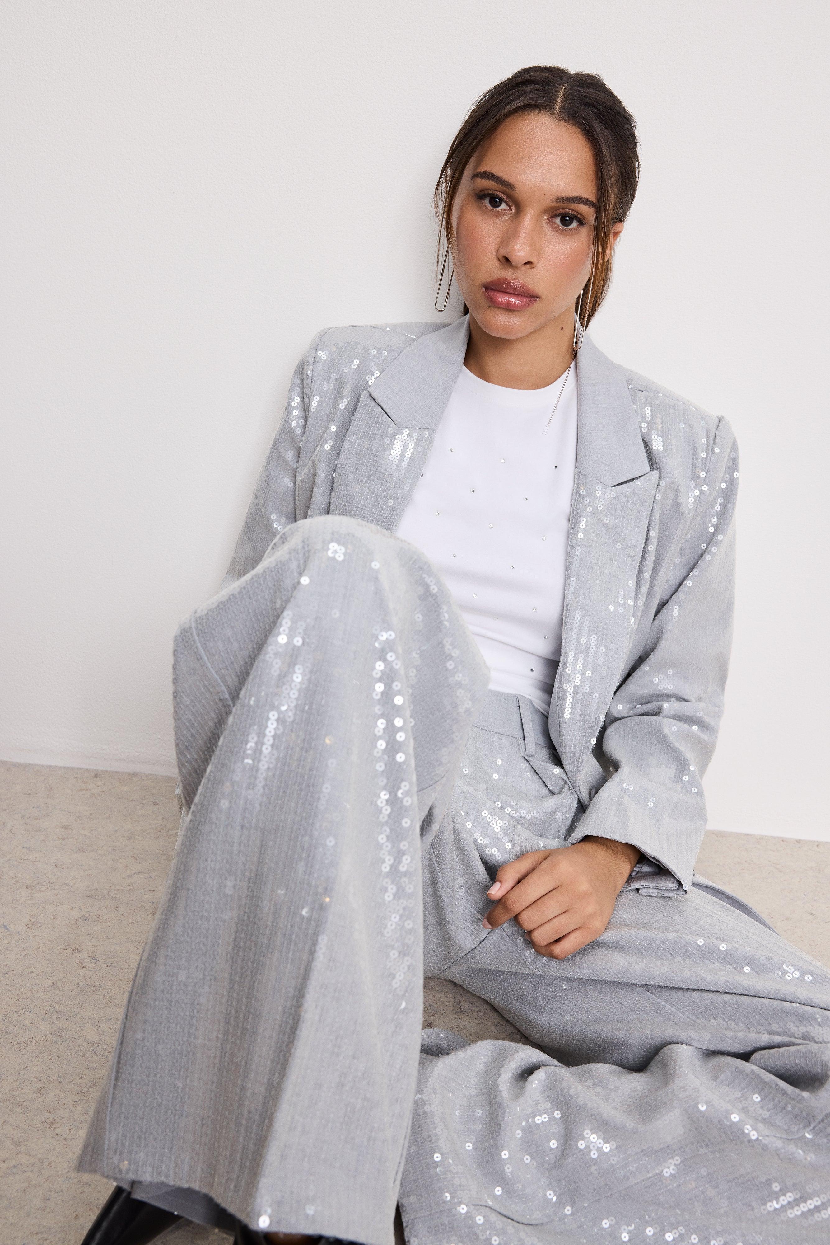 SEQUIN OVERSIZED BLAZER | HEATHER GREY001 Product Image