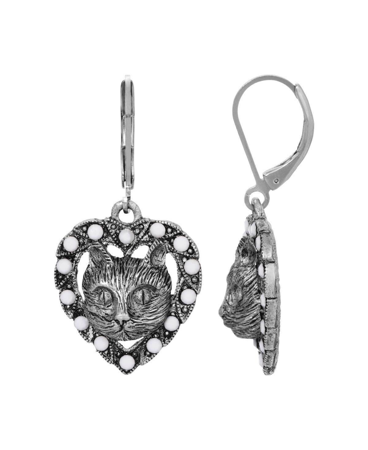 1928 Silver Tone Cat Heart Leverback Earrings, Womens, White Product Image