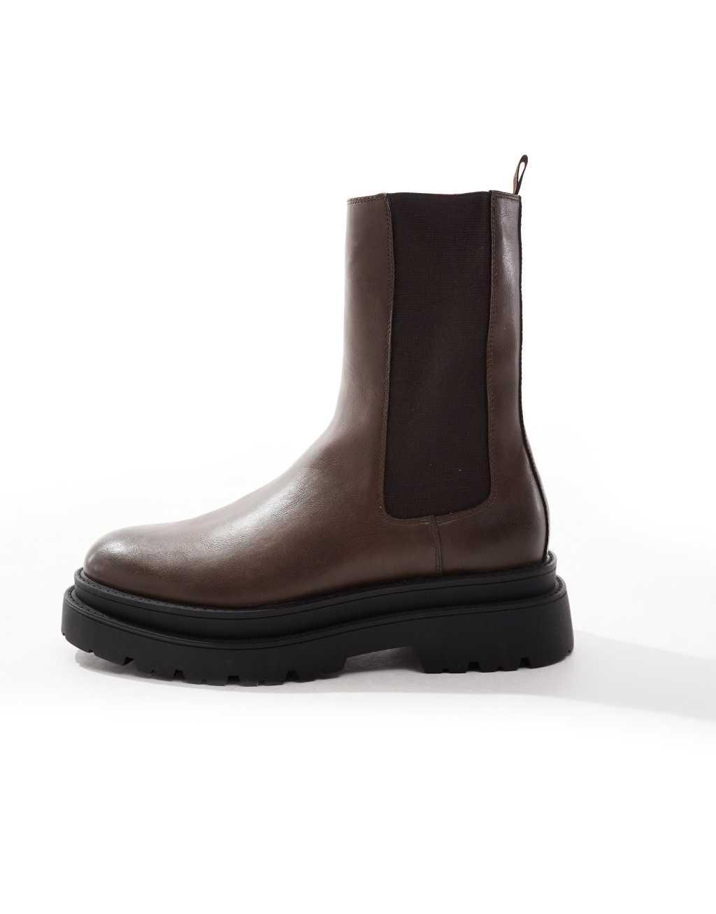 ASOS DESIGN high chelsea boots in brown with chunky sole Product Image