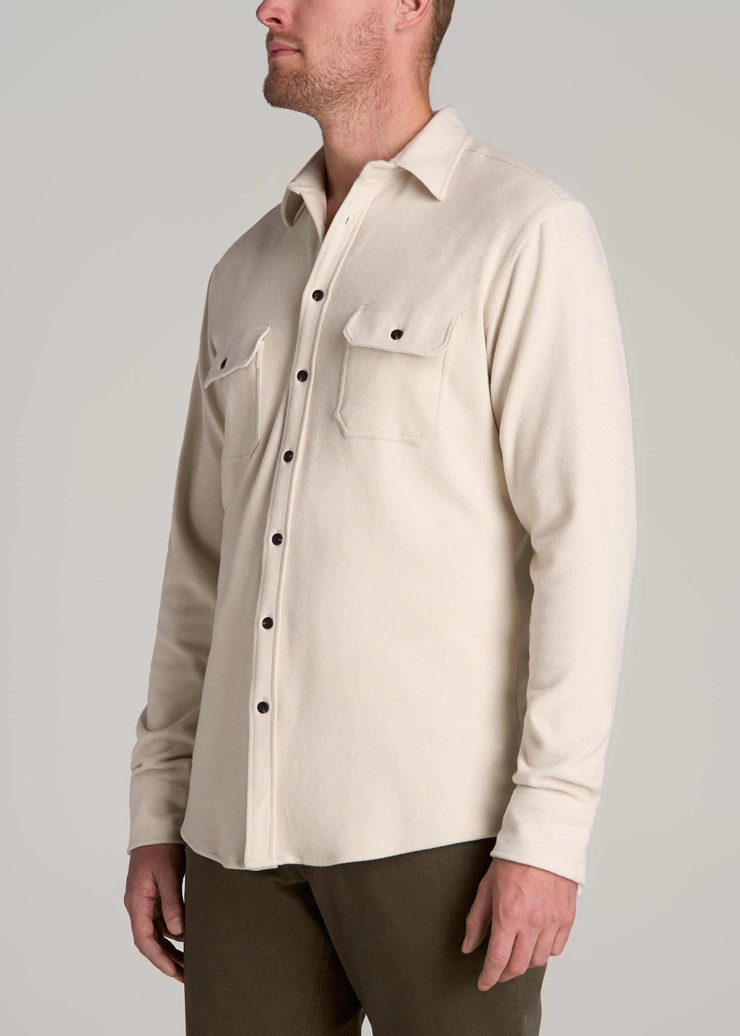 Stretch Flannel Button Tall Men's Shirt in Soft Beige Male Product Image