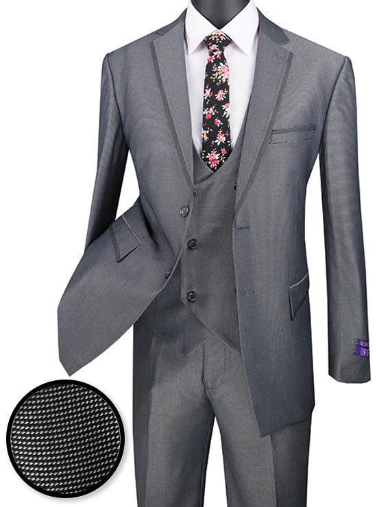 Birdseye Pattern Modern Fit 3 Piece Charcoal Suit with Contrast Trim Product Image