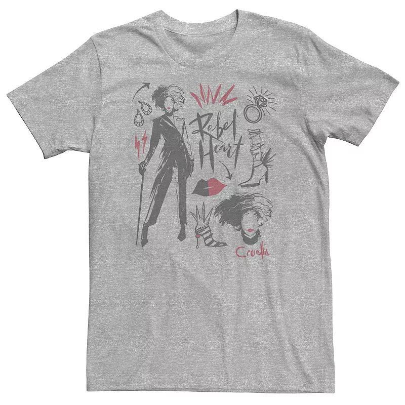 Big & Tall Disney Cruella Rebel Heart Collage Sketches Tee, Mens Athletic Grey Product Image