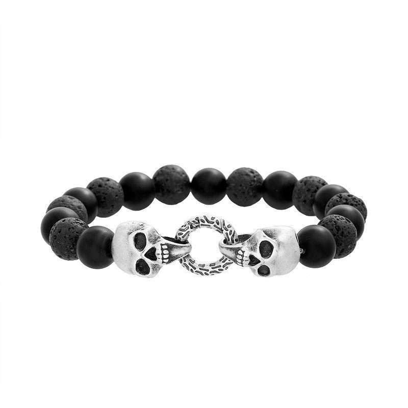 Mens Lava Bead & Stainless Steel Skull Bracelet Silver Tone Product Image