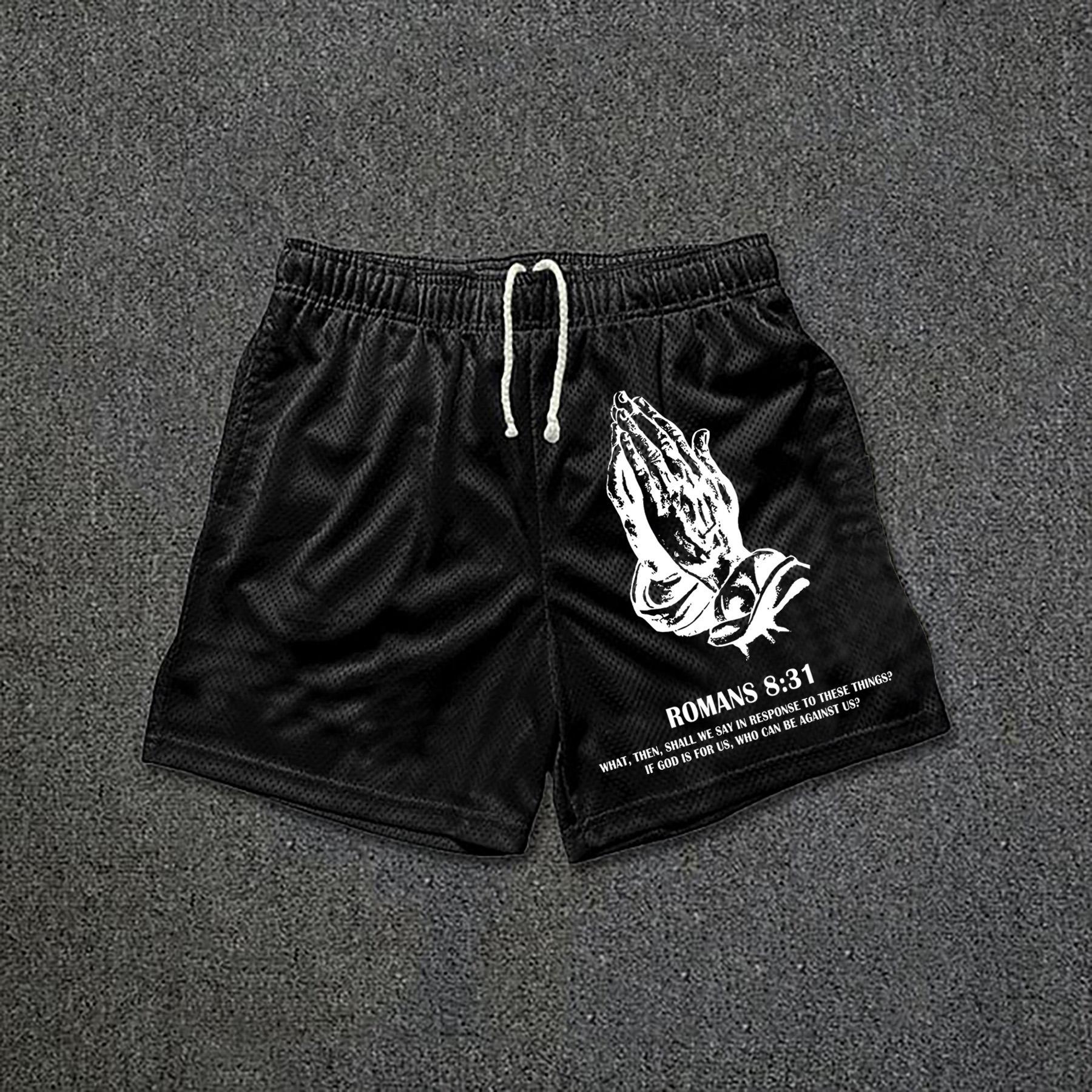 Casual Drawstring Bible Romans 8 31 Graphic Mesh Shorts Product Image