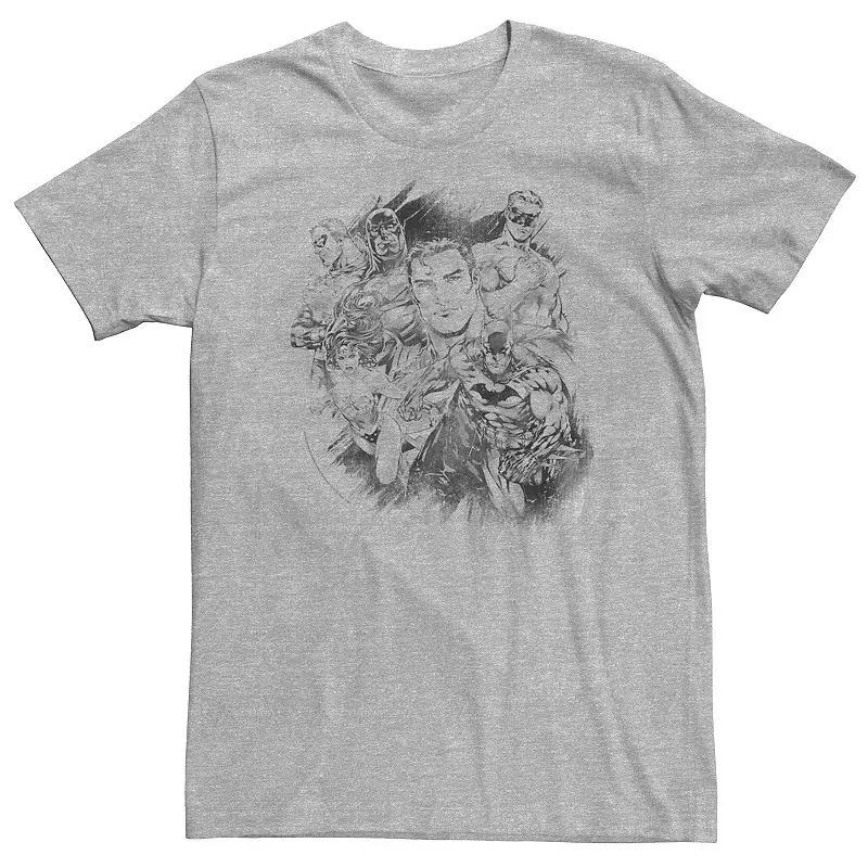 Big & Tall DC Comics Justice League Group Shot Black & White Sketch Tee, Mens Med Grey Product Image