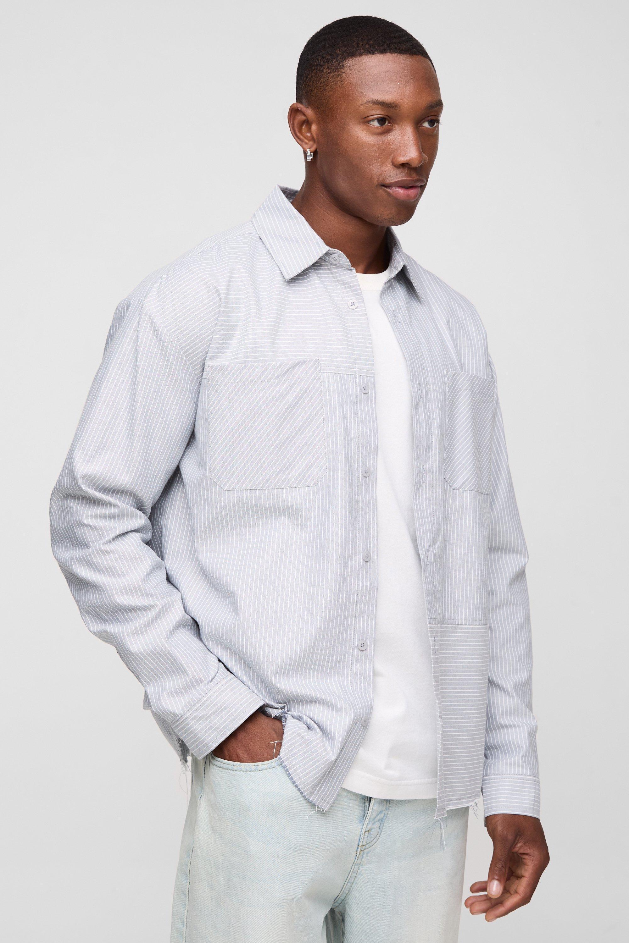 Mens Grey Oversized Poplin Stripe Shirt, Grey Product Image