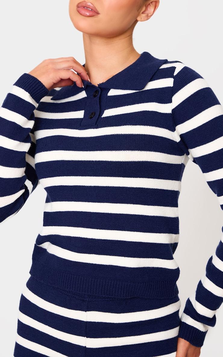 Petite Navy Knitted Stripe Collar Detail Long Sleeve Top Product Image