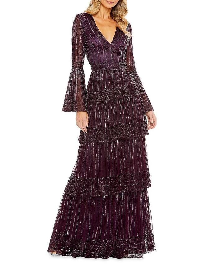 Mac Duggal Sequin Stripe Long Sleeve Tiered Ruffle Gown Product Image