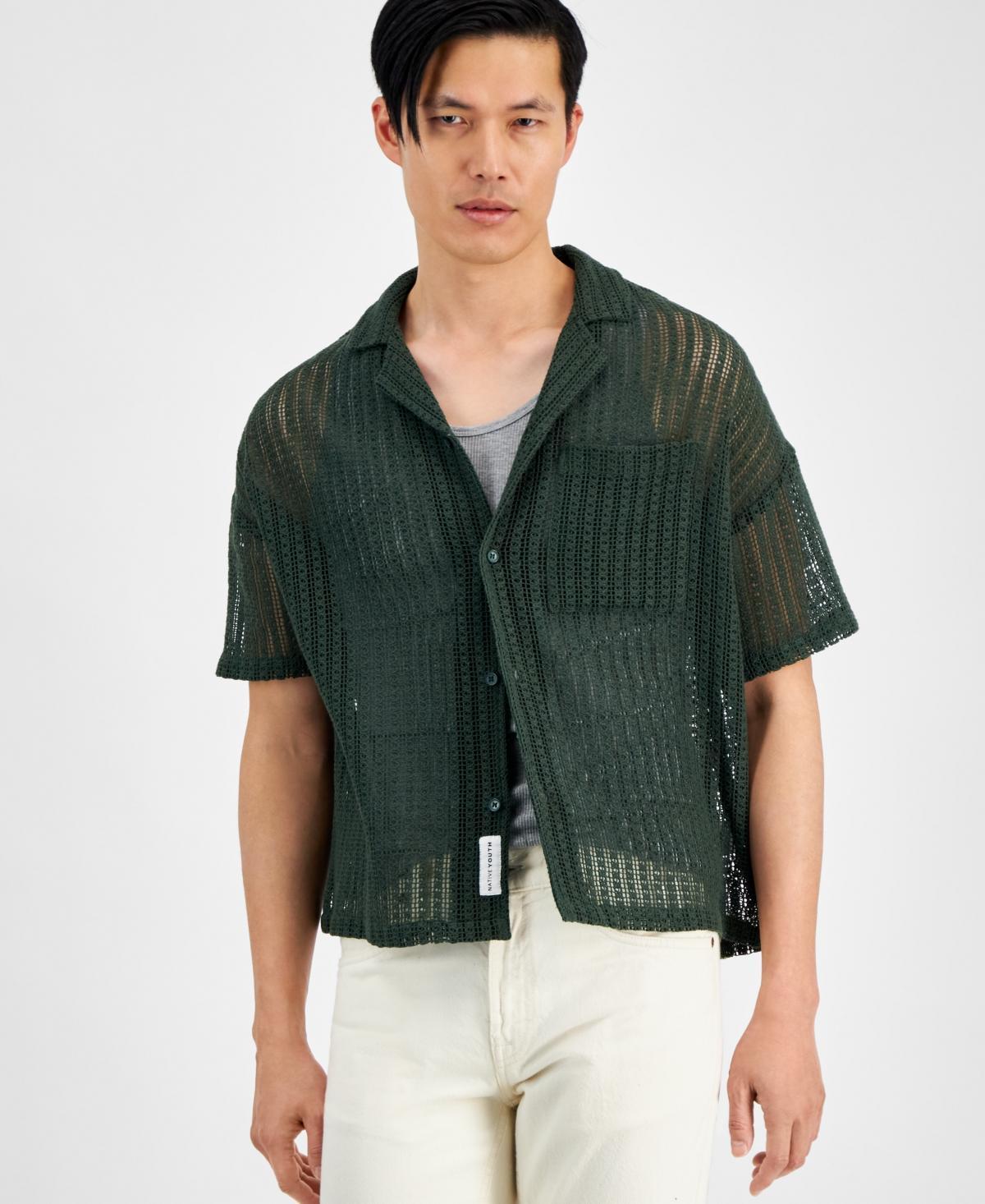 Native Youth Mens Oversized-Fit Cropped Macrame Button-Down Camp Shirt Product Image