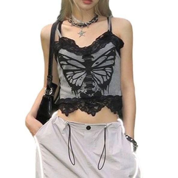 V-Neck Butterfly Lace Trim Cami Top Product Image