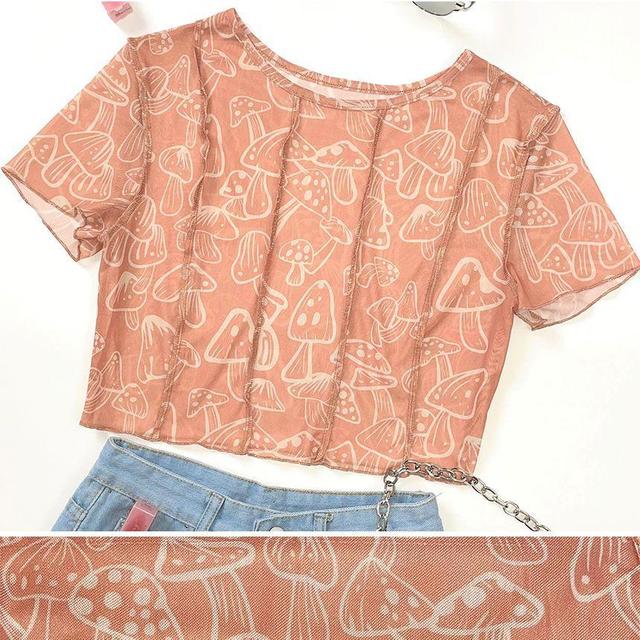 Short-Sleeve Mesh Ruffle Trim Mushroom Print Crop Top Product Image