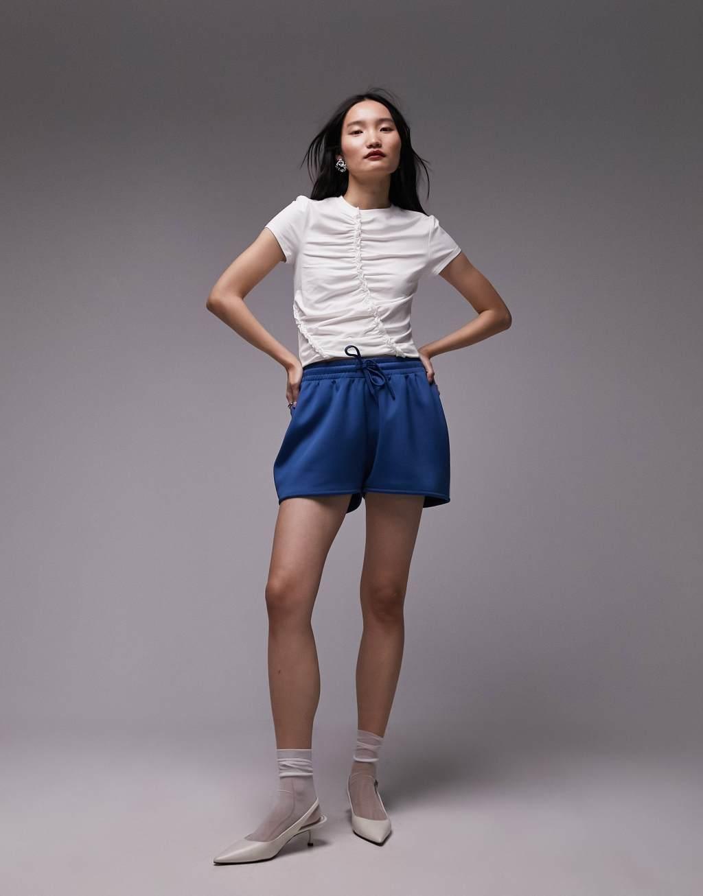 Topshop ruched frill short sleeve tee in off white Product Image