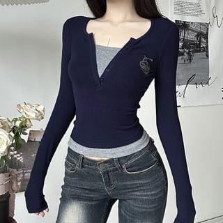 Mock Two-Piece Long-Sleeve Henley Embroidered Crop Top Product Image