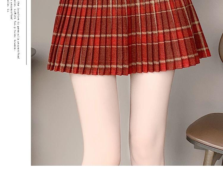 High Waist Plaid Pleated Mini A-Line Skirt Product Image