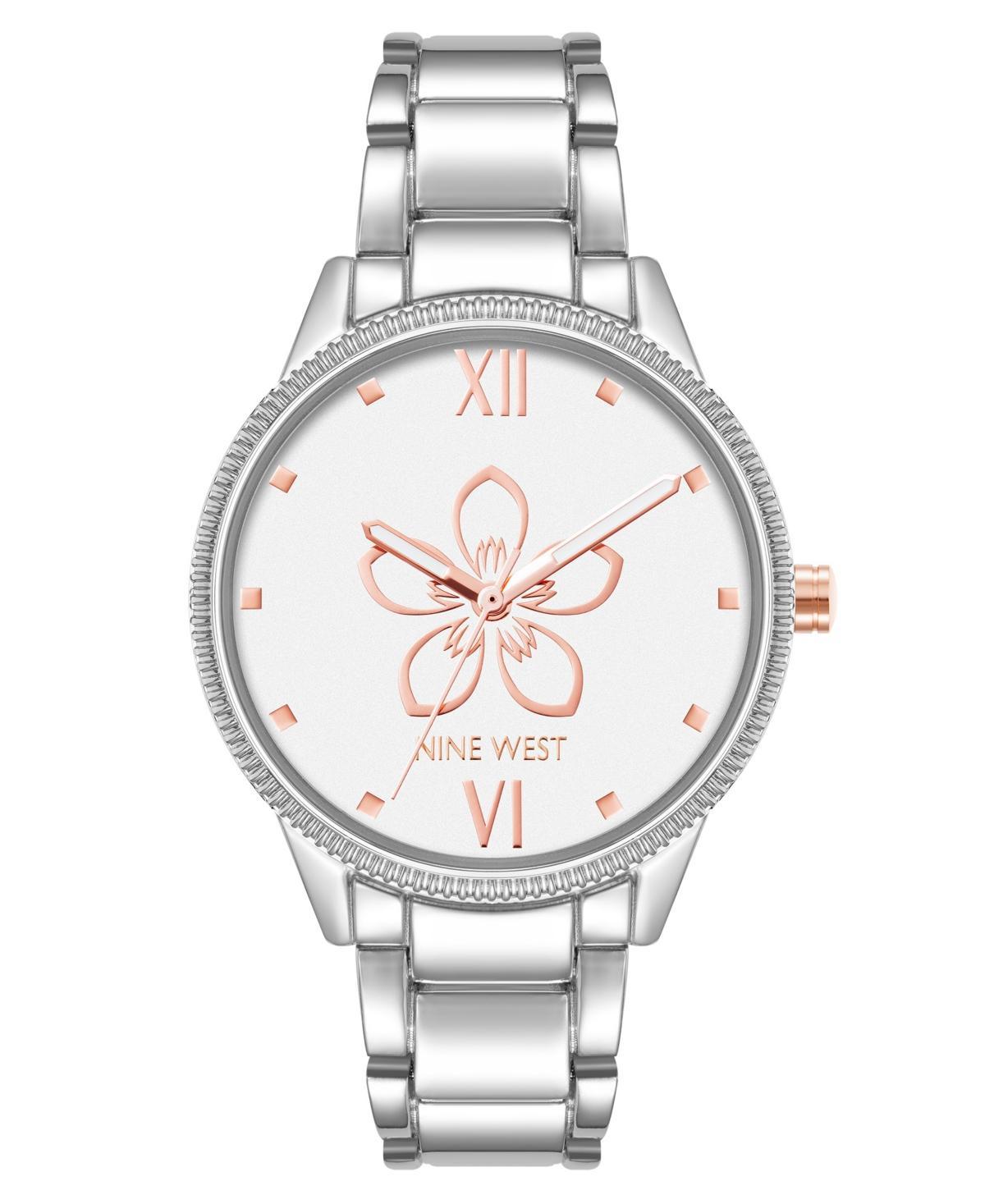 Nine West Womens Quartz Silver-Tone Alloy with Flower Watch, 34mm - Silver-Tone Product Image