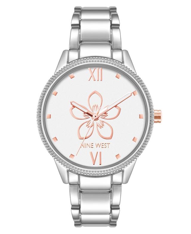 Nine West Womens Quartz Silver-Tone Alloy with Flower Watch, 34mm - Silver-Tone Product Image