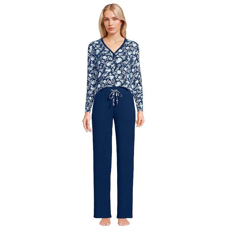 Womens Lands End Cozy Long Sleeve Pajama Top & Pajama Pants Sleep Set Blue Classic Floral Product Image