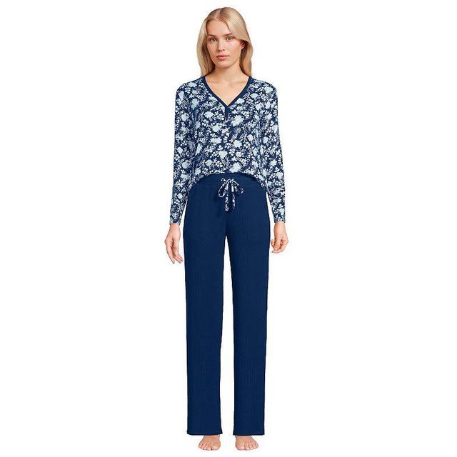 Womens Lands End Cozy Long Sleeve Pajama Top & Pajama Pants Sleep Set Blue Classic Floral Product Image