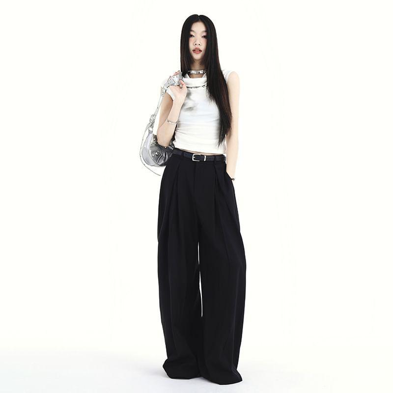 High Rise Plain Loose-Fit Wide-Leg Dress Pants Product Image