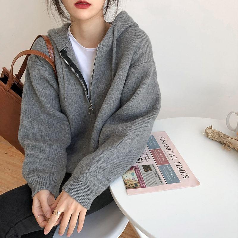 Drawstring Hooded Zip Cardigan Product Image