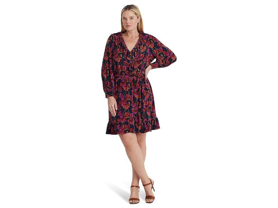 Lauren Ralph Lauren Plus Size Floral Ruffle-Trim Jersey Dress Multi) Women's Dress Product Image